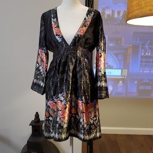 Whisper long sleeve floral print dress, balck and pink, M